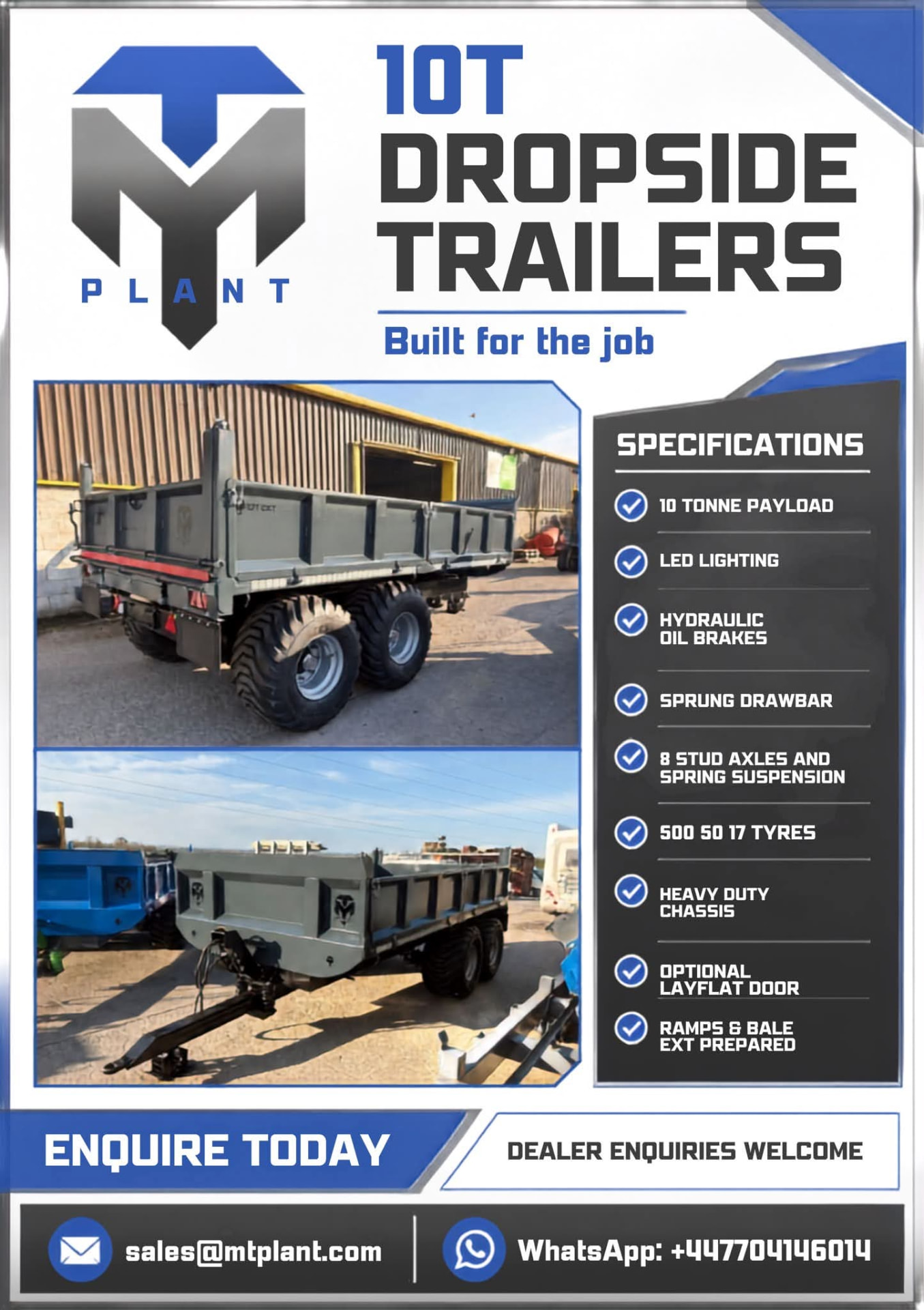 MT Plant 10T Dropside Trailers specification sheet